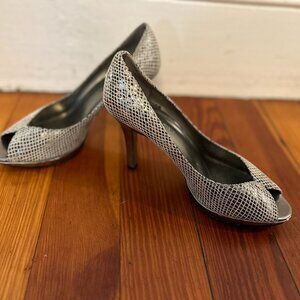 Anne Kleine Silver Disco Peep Toe Pumps, size 8